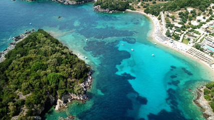 Fototapeta na wymiar Aerial drone bird's eye view photo of famous sandy beach and small island of Agia Paraskevi with emerald clear sea, Thesprotia, Epirus, Greece
