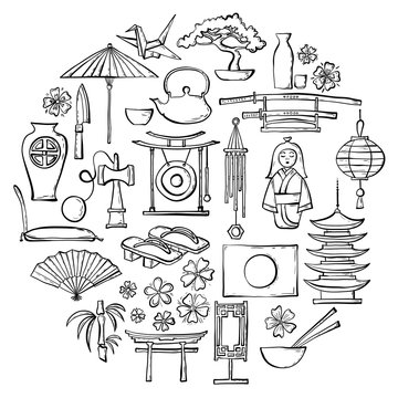 Hand-drawn traditional Japanese symbols and souvenirs. Set of vector sketches on oriental themes. Doodle design elements.