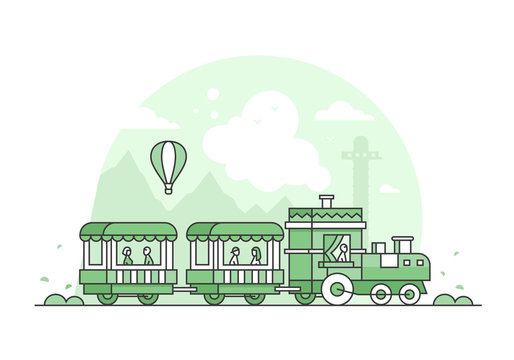 Train in amusement park - thin line design style vector illustration