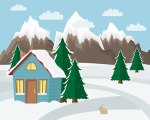 Winter mountain landscape background. Flat Vector Illustration. Country house witn fir-trees.