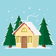 Obraz na płótnie Canvas Winter mountain landscape background. Flat Vector Illustration with country house. Christmas season.