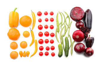 Composition with various fresh vegetables on white background