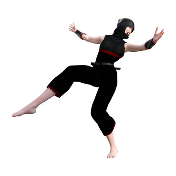 3D Rendering Female Ninja on White