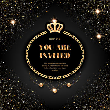 VIP invitation template with golden crown, chain frame and sparkling beads on black background