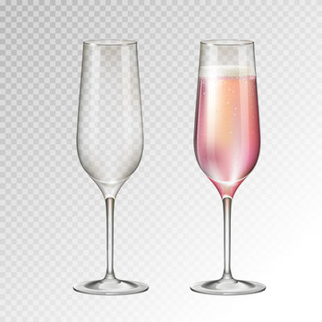 Realistic vector illustration of full ond empty champagne glass isolated on transperent background