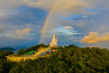 areial view amazing rainbow cover Phuket big Buddha..Phuket Big Buddha is one of the island most important and revered landmarks on the island. © Narong Niemhom