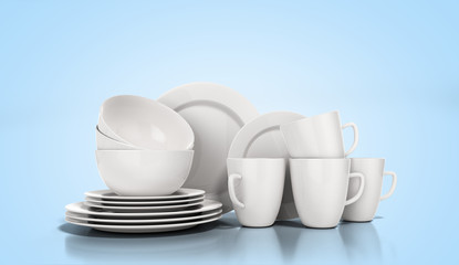 set of white dishes 3d render on blue