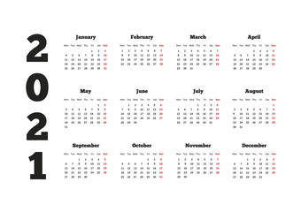 Calendar on 2021 year with week starting from monday, A4 sheet