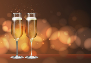 Realistic vector illustration of champagne glass on blurred holiday golden sparkle background