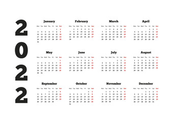 Calendar on 2022 year with week starting from monday, A4 sheet