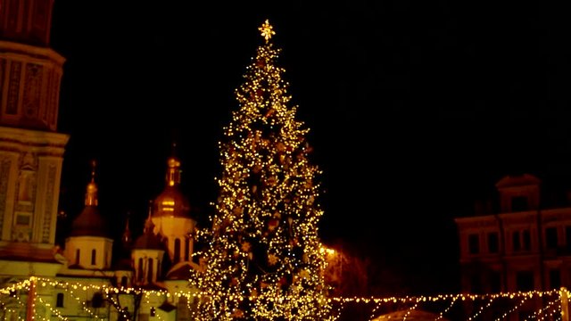 Illuminted christmas tree and the city. Decorated tree with flashlights.