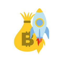 money bag bitcoin and rocket launch