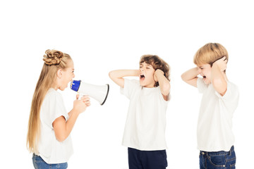 child screaming in megaphone, boys covering ears isolated on white