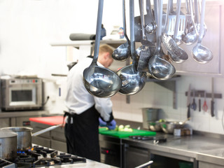 Chef in hotel or restaurant kitchen cooking 
