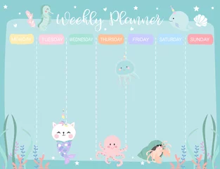 Abwaschbare Fototapete Tagesbetreuung Pastell-Wochenkalender mit kleiner Meerjungfrau, Caticorn, Tintenfisch, Korallen und Seepferdchen