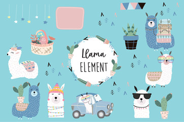 Blue hand drawn cute card with llama, heart glasses and hat in winter christmas.include wording No drama llama,no problem llama © piixypeach