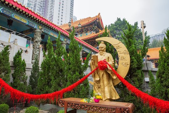 Hong Kong - March 20, 2016:Statue of Yue Lao, or old man under the moon, chinese god of marriage