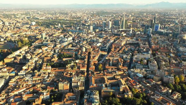 Aerial panoramic view of cityscape of Milan, Porta Nuova business district on background, landscape panorama of Italy from above, Europe