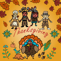 illustration in the style_1_of childrens drawing thanksgiving day, Doodle for design and decoration