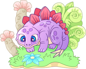 cartoon dinosaur, cute, small stegosaurus, funny illustration
