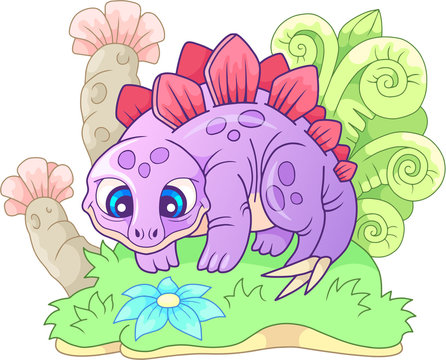 cartoon dinosaur, cute, small stegosaurus, funny illustration
