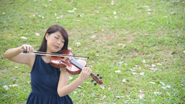 The beauty lady is playing violing in a park