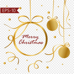Collection of 3 gold Christmas balls hanging on gold ribbon with Merry Christmas phrase isolated on transparent background. Vector.Eps10.