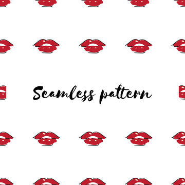 Seamless pattern Red lipstick kiss on white background. Vector flat illustration for design. Printing of the lips.