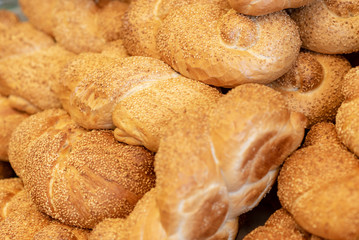Breads and baked goods close-up.Fresh challah bread for shabbat