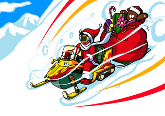 Man in a Santa costume riding a snowmobile with a gift bag