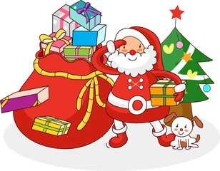 Santa Claus standing in front of a Christmas tree and holding a Christmas present