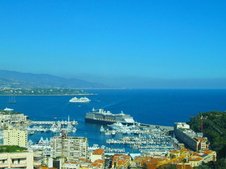 aerial view from village La Turbie to Principality Monaco, Monte-Carlo, port Hercule, Prince Palace, Mountains, yachts, boats, skyscrapers, Menton, cote d'azur coast, french riviera, France