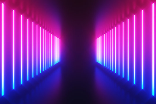 Futuristic Sci-Fi Abstract Blue And Purple Neon Light Shapes On Black Background With Empty Space For Text 3D Rendering Illustration