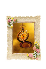 Photo frame with rose texture around border isolated on white and inside with a pocket watch photo