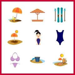 resort vector icons set. sand, sunshade, bikini and swimsuit in this set.