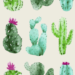 Pattern of watercolor cactus, succulent, illustration on grey background. Natural watercolor design elements, botanical collection. Design for textile, fabric, print, wrapping, paper. Seamless pattern