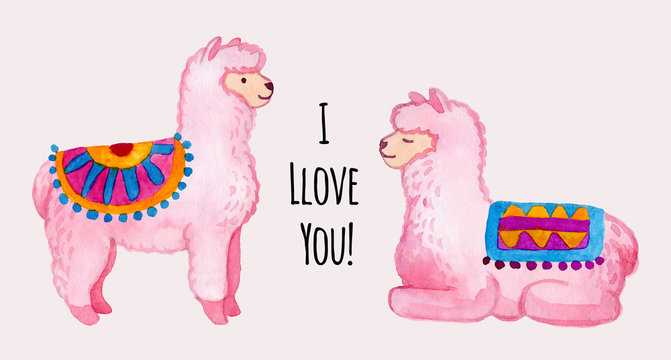Llama and alpaca collection of cute hand drawn illustrations, cards and design for nursery design, poster, greeting card. Llamas or alpacas clip-art. Cute animals illustration.