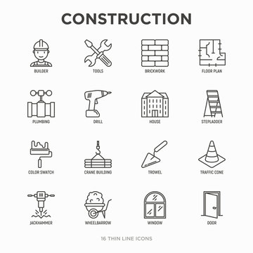 Construction thin line icons set: builder in helmet, work tools, brickwork, floor plan, plumbing, drill, trowel, traffic cone, building, stepladder, jackhammer, wheelbarrow. Vector illustration.
