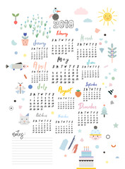 Calendar 2019. Printable creative template. Abstract modern art.