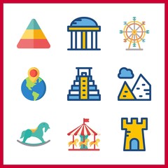 9 attraction icon. Vector illustration attraction set. carousel and pyramids icons for attraction works