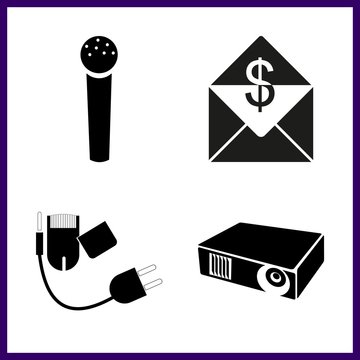 retro vector icons set. projektor spotlight, shabby, envelope and microphone in this set