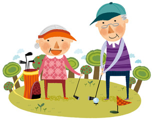 Elderly couple playing golf