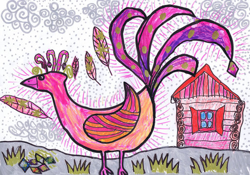Firebird and lodge. Children's drawing