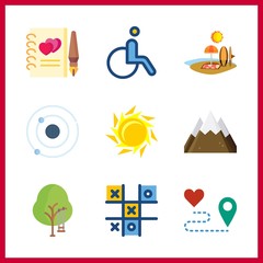 9 nature icon. Vector illustration nature set. wheelchair and orbit icons for nature works