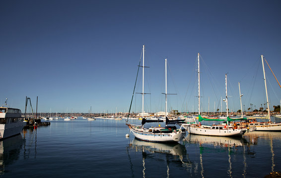 Large group of sailboats docked in a harbor in a summertime afternoon landscape