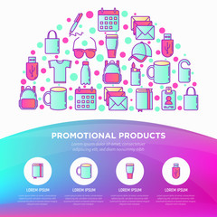 Promotional products concept in half circle with thin line icons: notebook, tote bag, sunglasses, t-shirt, water bottle, pen, backpack, cup, hat, travel mug. Vector illustration, print media template