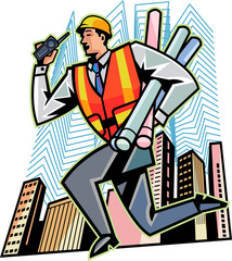 Side view of man holding blueprints and walkie-talkie, running