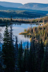 Fototapeta na wymiar Alpine Lake Surrounded by Pine Trees at Sunrise