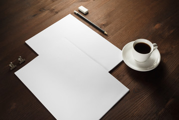 Branding stationery mockup on wooden background. Blank objects for placing your design.