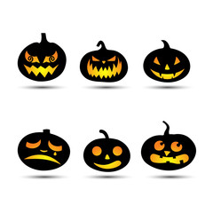 Set of halloween pumpkins, different emotions on faces. Autumn holidays. Vector illustration EPS10.